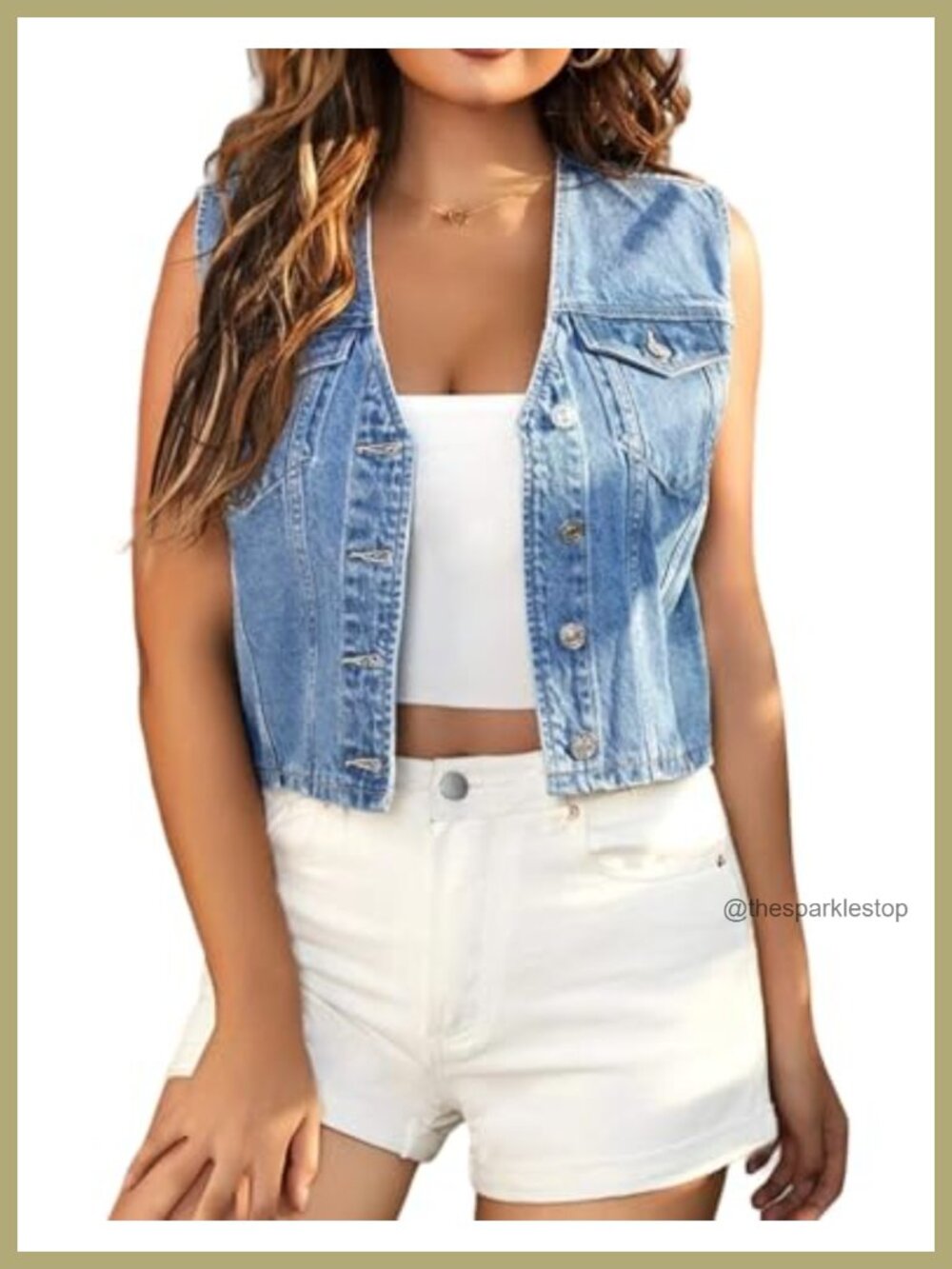 Women's Cropped Denim Vest Top Casual V Neck Button Down Sleeveless Jean Jacket